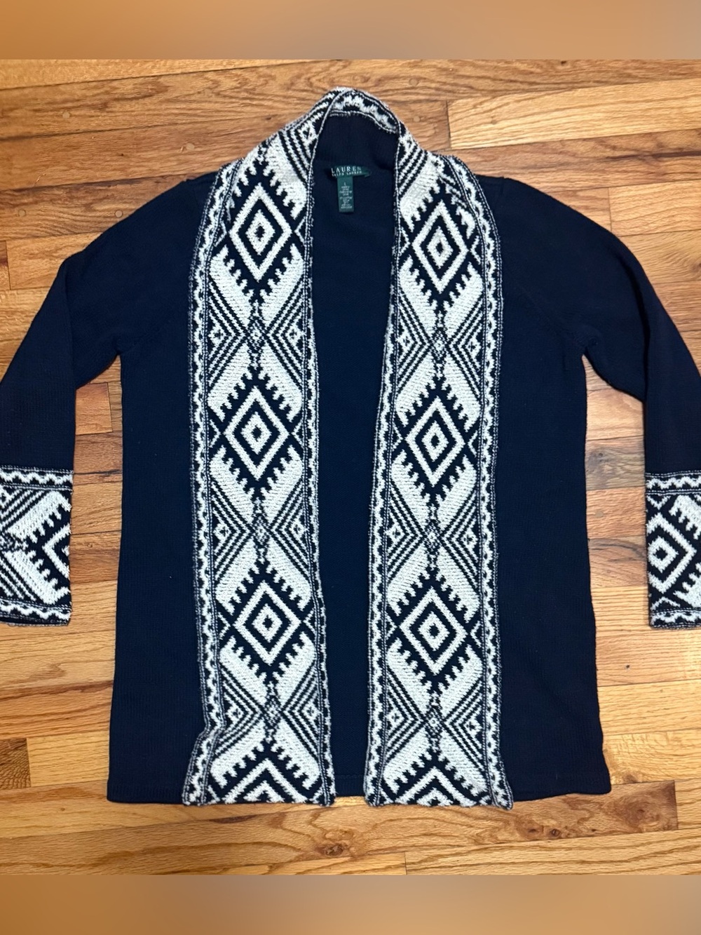 Lauren Ralph Lauren Women's Large Cardigan Sweater Blue & White Open Front